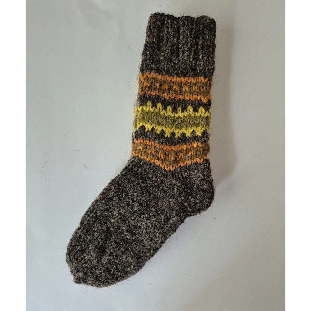 Dux Lesa Traders Brown Yellow Charcoal Handmade Sheep Wool Socks Womens 10-10.5